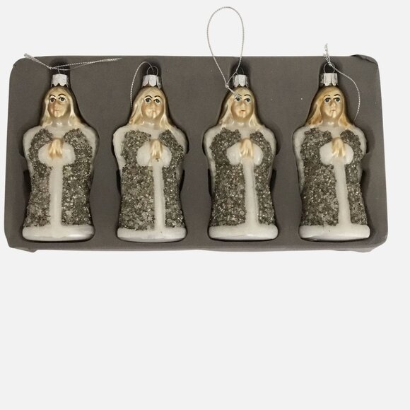 VTG Hand Painted Glass Angel Ornament Set 4 Glitter Robes Mercury Glass Style 5" - Picture 3 of 5